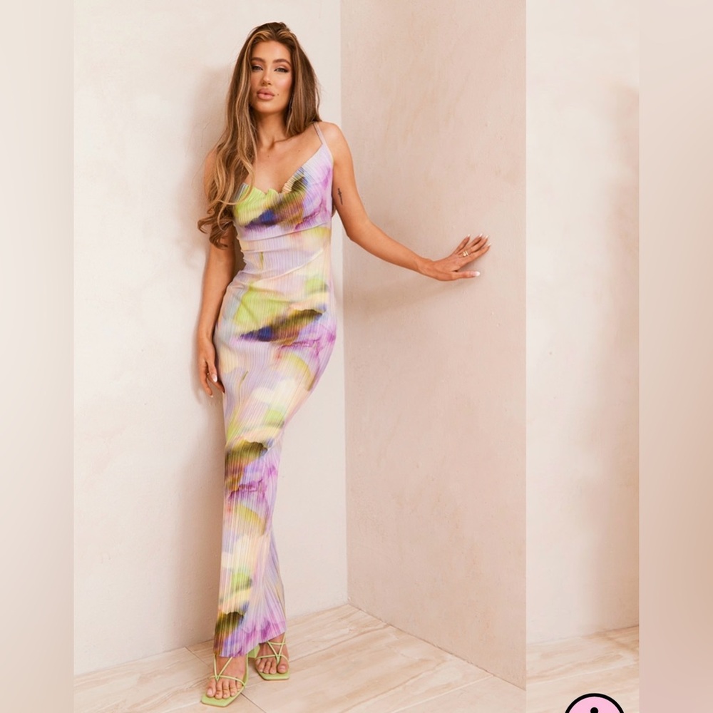ASOS MULTI WATERCOLOUR PLISSE STRAPPY MAXI DRESS